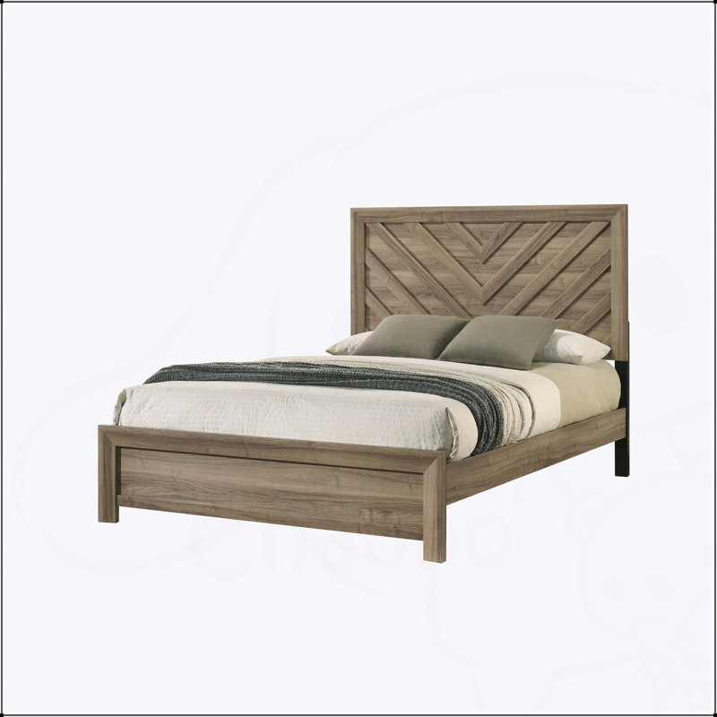 King Size Chevron-patterned Headboard Bed in Light Brown Warm Wood Finish, for Rustic and Modern Bedrooms., King