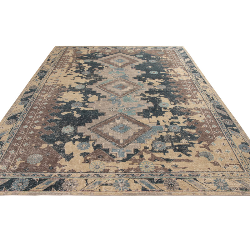 Distressed Homage Hand Knotted Wool Geometric Area Rug, Rectangle 10' x 14'