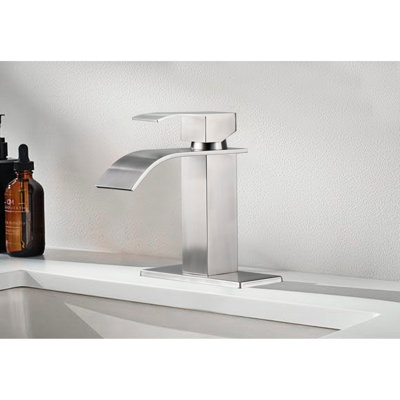 Bathroom Faucet With Waterfall Spout Design - Single Handle, Stainless Steel, Brushed Nickel Plating For A Classy Look Sink Steel Glamorous