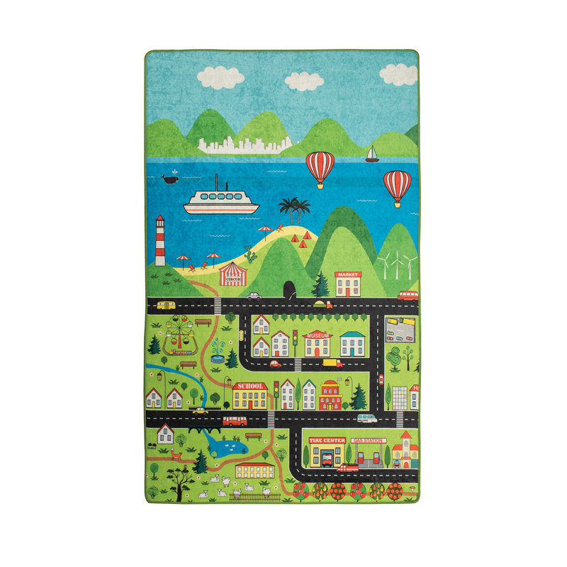 Tapis rectangulaire vert / bleu en velours tissé à la machine Walkersville, Rectangle 3 pi 3 po x 5 pi 3 po