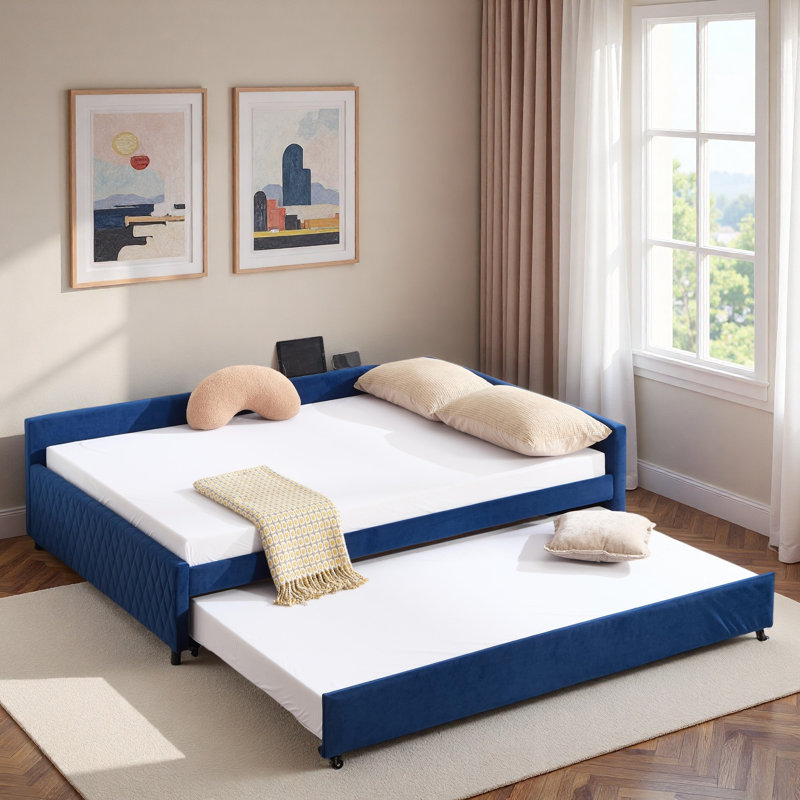 Upholstered Daybed With Trundle And Usb, Navy