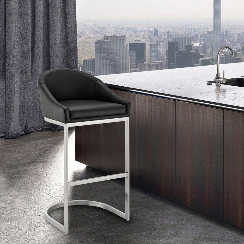 Tabouret de bar Ayoe, Tabouret de comptoir (siège d'une hauteur de 24 p, Noir / acier inoxydable brossé