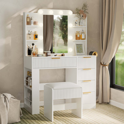 Ensemble de coiffeuse avec miroir et lumières, bureau de coiffeuse et tabouret rembourré avec station de charge, tiroirs de rangement et plateau de table transparent pour femme