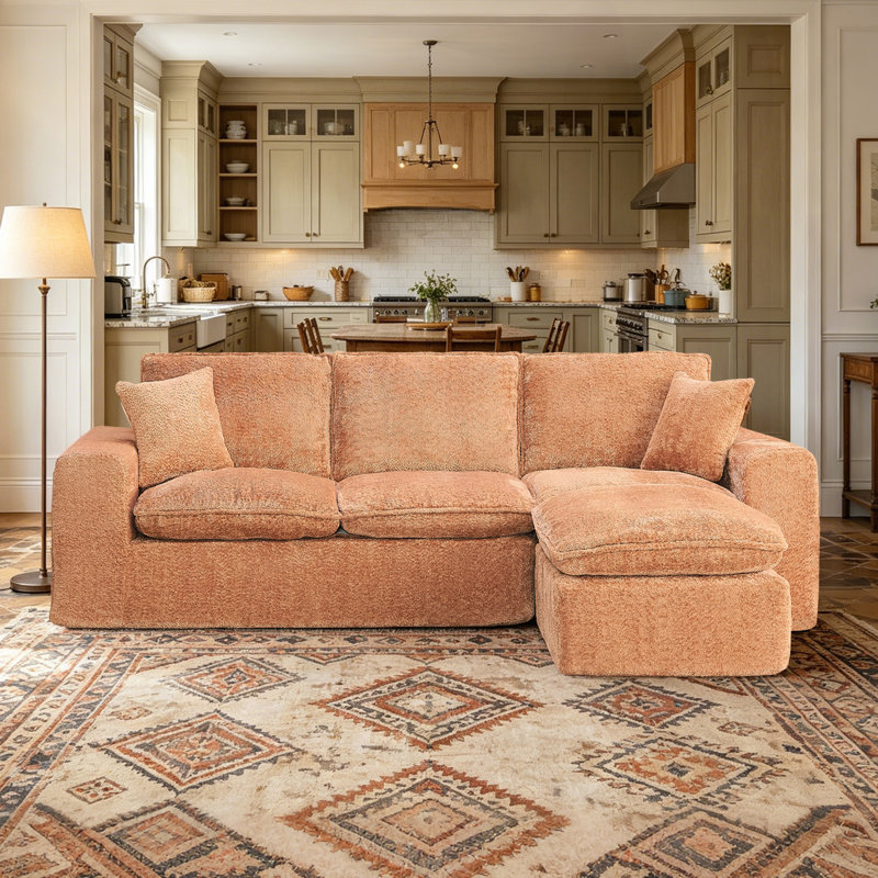 Masir Oversized Modular Sectional Sofa with Movable Ottoman, Comfy Orange Boucle Upholstery,2 Throw Pillows Included, Orange