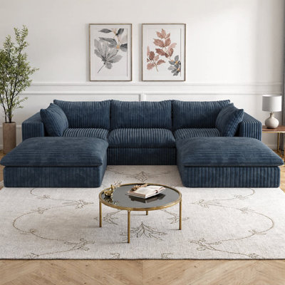 Boneless 118.2" Modular Cloud U-Shaped Sectional Sofa Corduroy Fabric Deep Seat Couch with 2 Ottoman, Double-Layer Sponge Support, No Assembly DIY Combination for Living Room