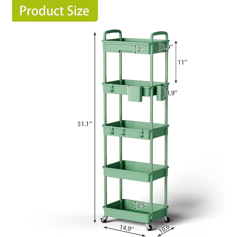5 Tier Rolling Utility Cart with Drawer,Utility Cart Made of Multifunctional Storage Organizer Tool, Green