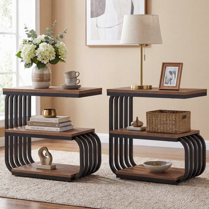 3-Tier Nightstand With Storage, 25.59" C-Shaped Bedside Table For Bedroom, Set Of 2, Set of 2, Brown
