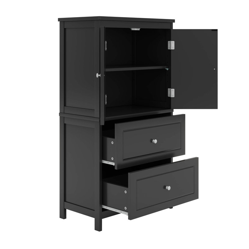 Tall Bathroom Storage Cabinet, Cabinet With Two Doors And Drawers, Adjustable Shelf, Black