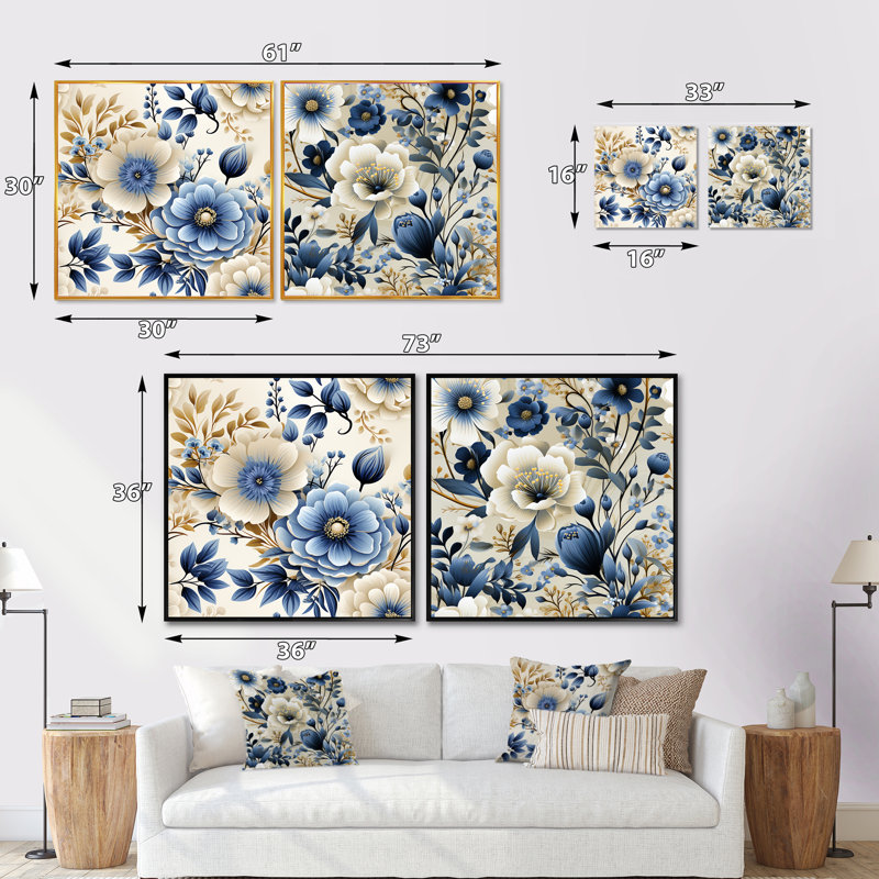 Chatsworth - Ensemble de 2 collages carrés floraux, H 16 po x l 33 po, Cadre flottant doré