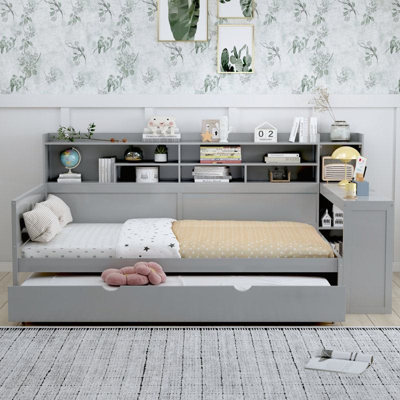 Lit de jour en bois avec tablettes de rangement, Lit double
