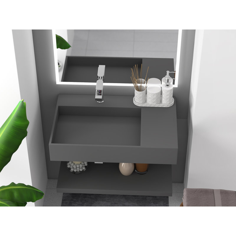 Juniper 30" Wall Mounted Solid Surface Floating Bathroom Sink with Concealed Drain Left Basin - Gray, Gray