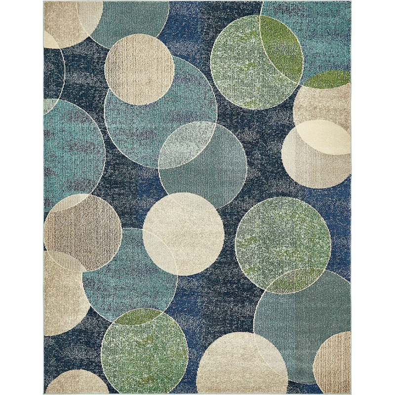 Tapis bleu marine / beige / vert à pois Dews, Rectangle 10 pi 6 po x 16 pi 5 po