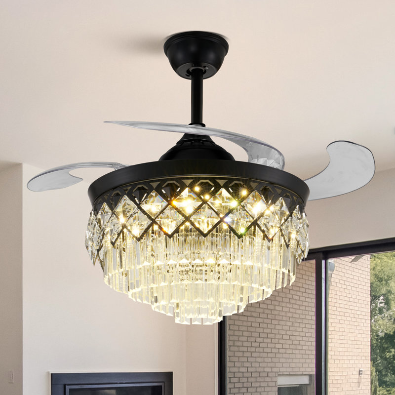 42'' Black Crystal Ceiling Fan with LED Lights For Living Romm & Dining Room
