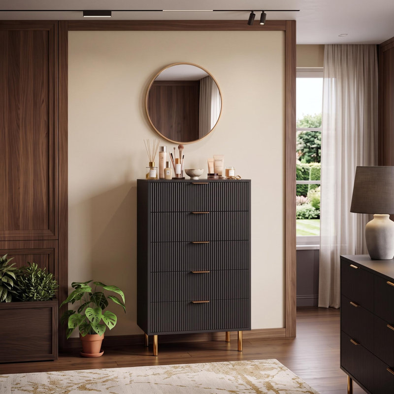 Commode 5 tiroirs pour chambre à coucher, avec poignées en métal, Noir