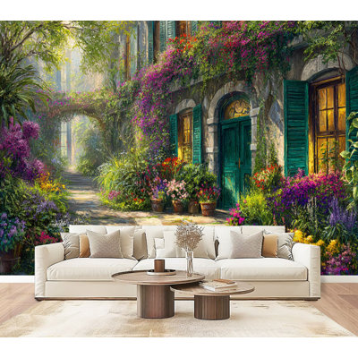 Papier peint pelez et collez, décorations florales ensoleillées, détails ludiques sur cour, H 69 po x l 96 po, décoration murale auto-adhésive amovible pour chambre à coucher, bureau à domicile