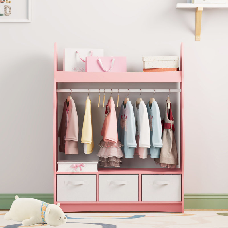 Children's wardrobe, open-style mirrored wardrobe with 1 shelve and 3 drawers, Pink
