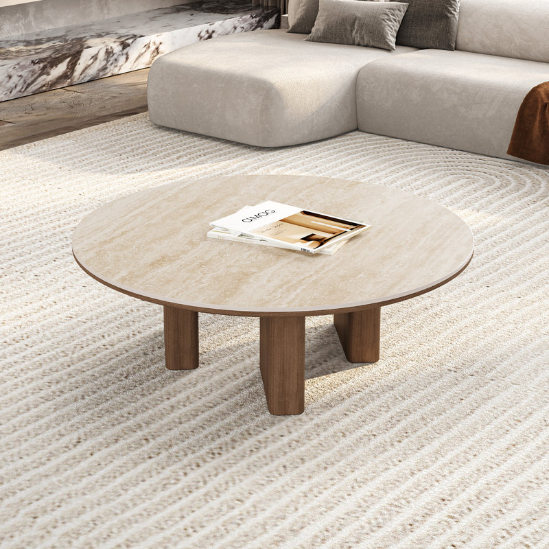 35.63" Mid-century Round Coffee Table, Travertine Sintered Stone Table top with Solid Wood Legs