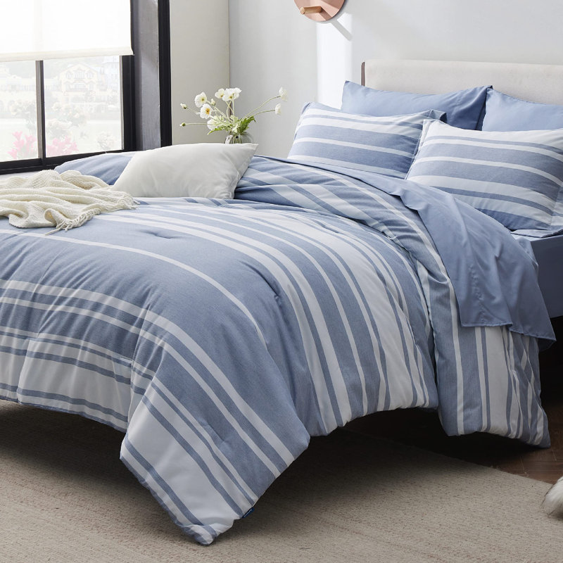 Ensemble d'édredon toutes saisons à rayures, Bleu, Édredon simple + 4 pièces supplémentaires