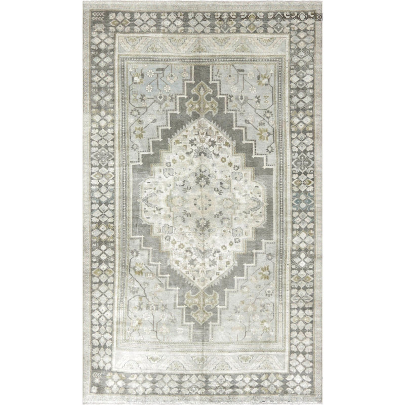 Tapis gris / ivoire en laine noué à la main de conception unique 6 pi 6 po x 11 pi 1 po des années 1960