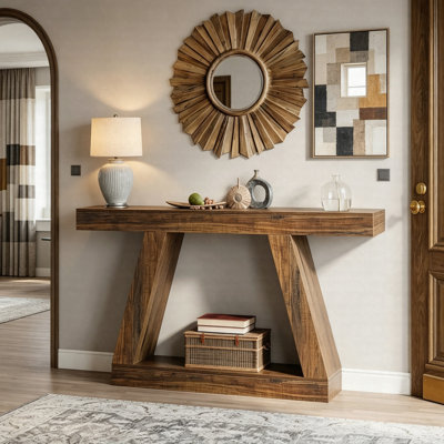 55" Farmhouse Console Table With Storage, Sofa Table For Entryway And Hallway, Wood Grain Accent Table