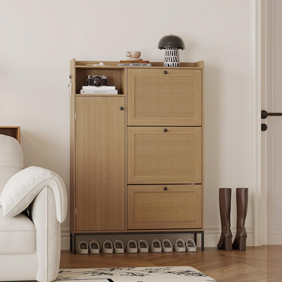 Rattan Shoe Cabinet with 3 Flip Drawers, Freestanding Organizer with Adjustable Shelves, Metal Knob, Narrow Shoe Rack Cabinet for Entryway and Hallway