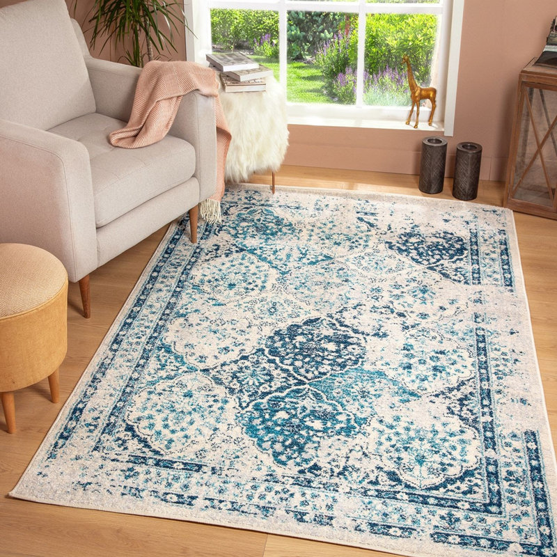 Tapis oriental bleu foncé / crème, Rectangle 5 pi 3 po x 7 pi 3 po
