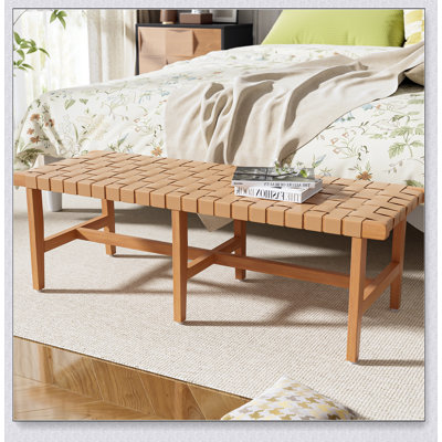 Stylish Acacia Wood Bedroom Bench with Woven PU Leather Seat, Combining Durability and Elegance for Modern Interiors.