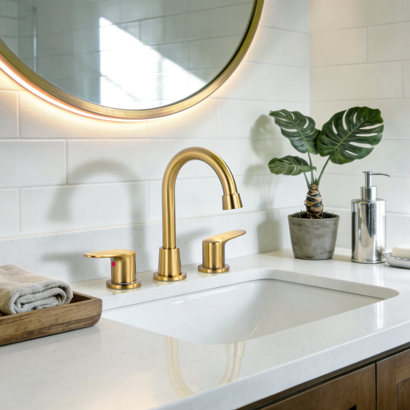 8 inch Two Handles Widespread Bathroom Sink Faucet with Drain and Supply Line, Gold