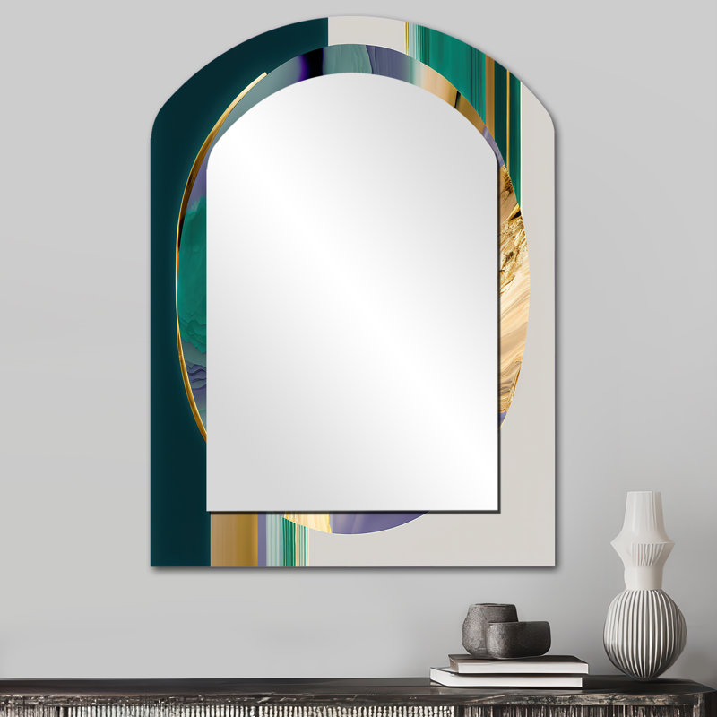 «Bold Expression Art II», miroir unique asymétrique à spirales abstraites, grand miroir mural arqué vert, 34 po x 25 po