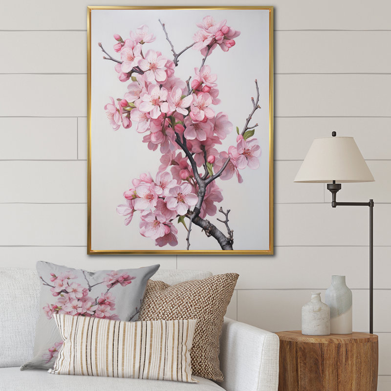 Fleur de pommier élégance monochromatique sur toile, H 32 po x l 16 po, Cadre flottant doré