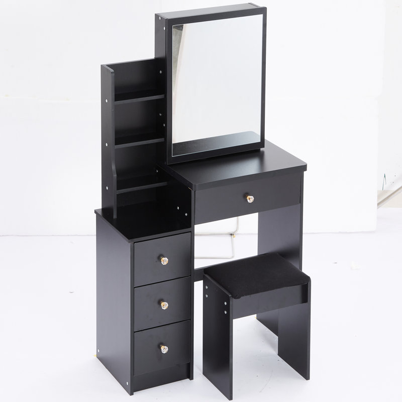 Table de coiffeuse noire compacte avec siège rembourré, très grand miroir coulissant, rangement multi-couches pour tabouret d'armoire de petite taille et espaces multicouches, approuvé UL