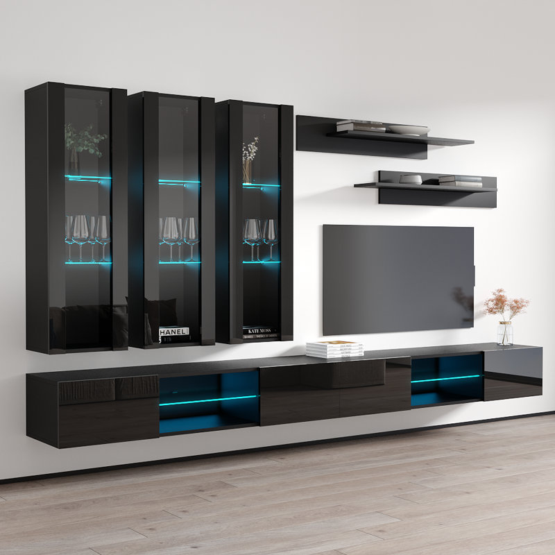 Ballina 126" Modern Floating Wall Mounted Entertainment Center with 16-Color LED Lighting, High Gloss Finish, Black