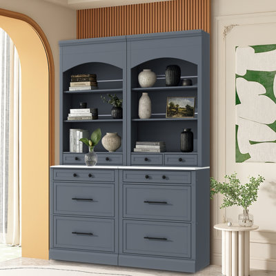 Modern style Tall Kitchen Hutch  bathroom storge pantry cabinet Set with Open Shelves and Drawers, Faux Marble Countertop