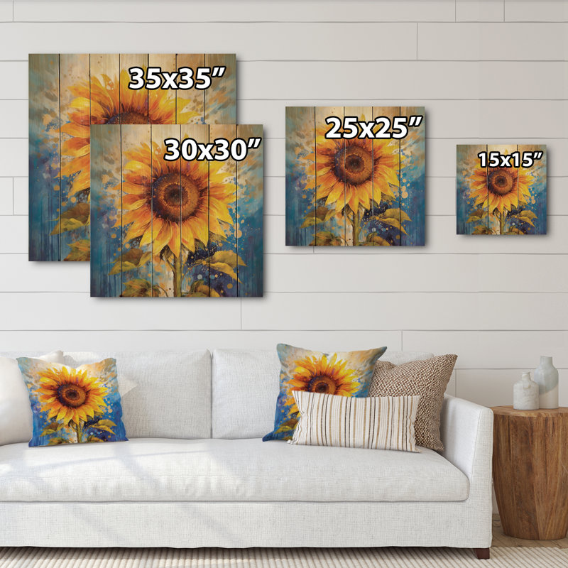 Bixuan jaune, bleu, tournesols dorés II - impression sur bois sans cadre, H 35 po x l 35 po x P 0,78 po