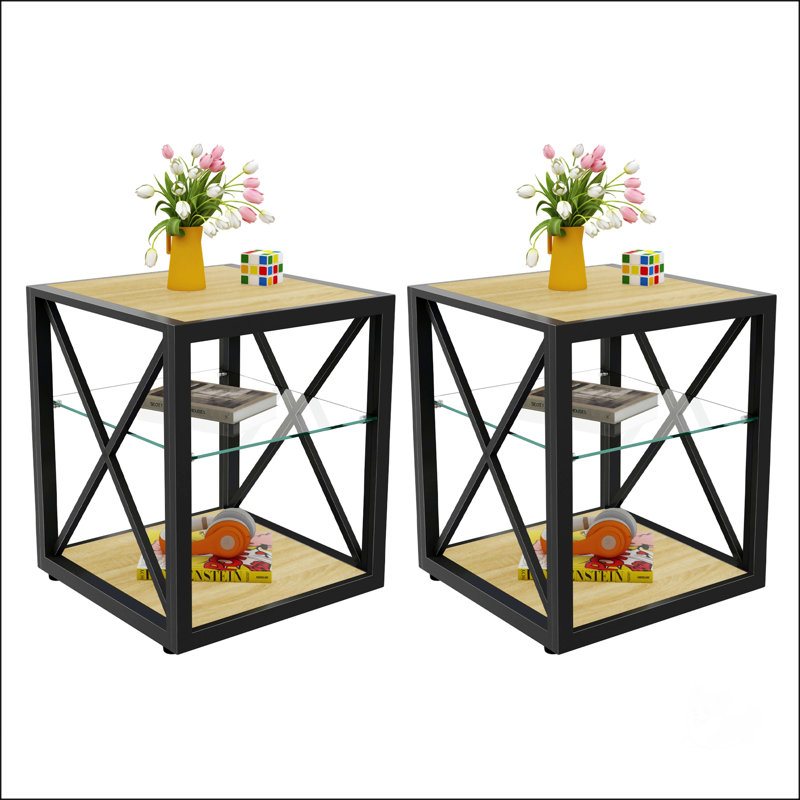 Set Of 2 Modern End Table Nightstand For Bedroom & Living Room, Tempered Glass & Natural Wood MDF Top, Industrial Style Side Table