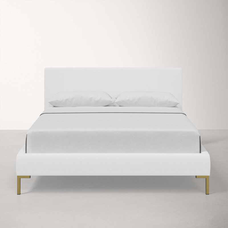 Lit tapissier Rand, Simple, Laiton, Sergé Performance blanc