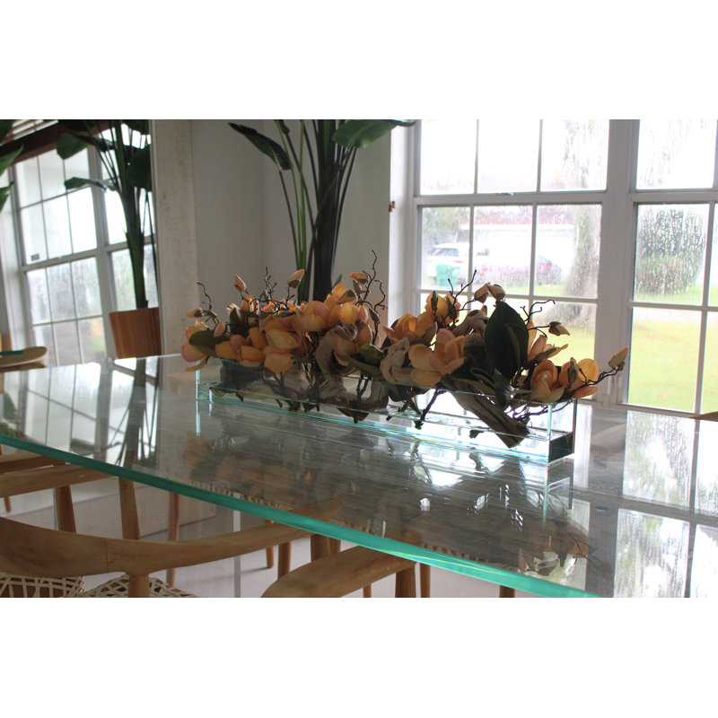 Glass Plate Magnolia Floral Arrangement And Centerpiece In Planter, Peach, 8" H x 36" W x 4" D