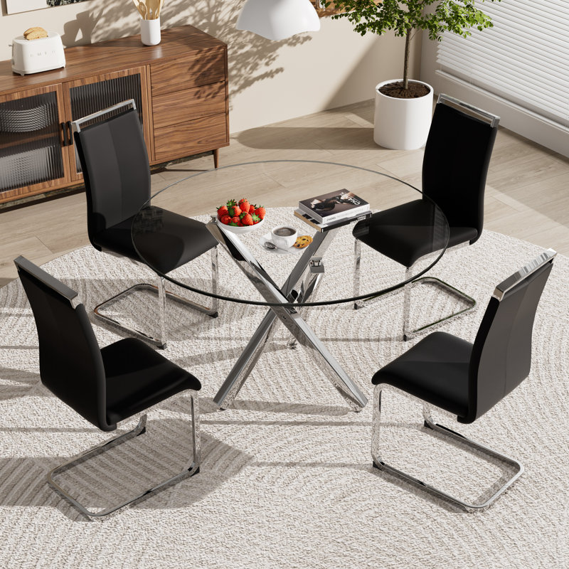 Ensemble de table de salle à manger, table ronde en verre trempé et 4 chaises rembourrées., 5, Noir, noir, noir, noir