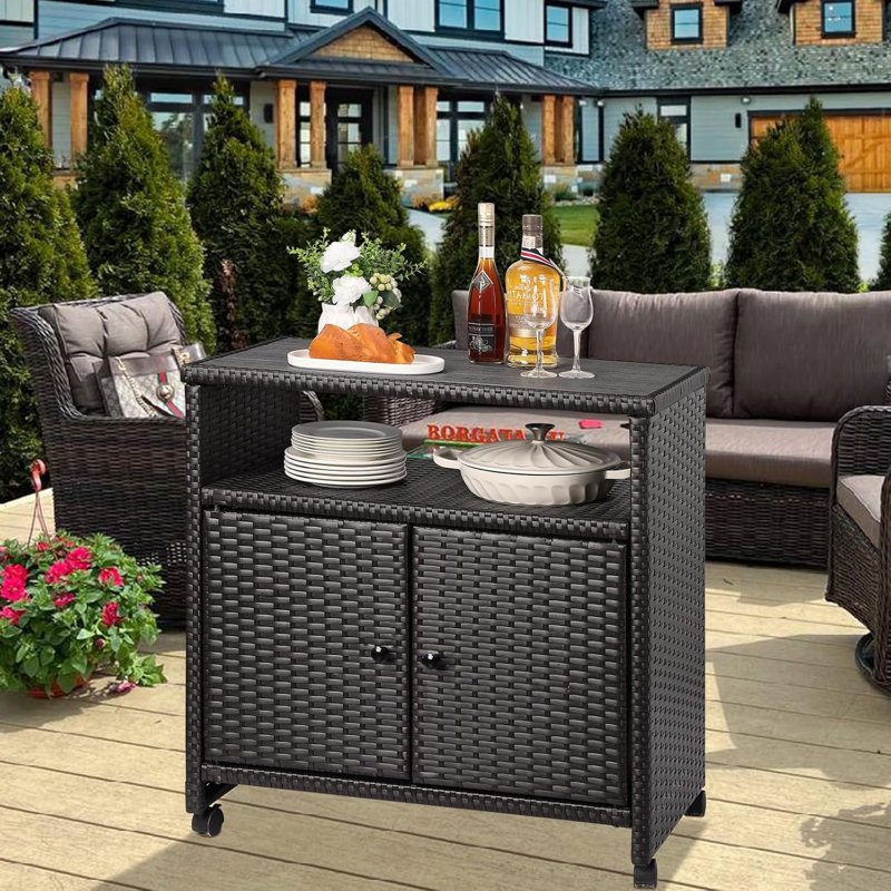 Armoire de rangement d'extérieur en osier - table de bar avec roue, meuble de buffet extérieur mobile, table / chariot de jardin résistant aux intempéries
