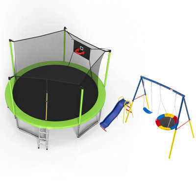 14FT Trampoline with Safety Enclosure Net & Heavy-Duty Metal 3-in-1 Swing Set with Slide,Family Backyard Kids Playset