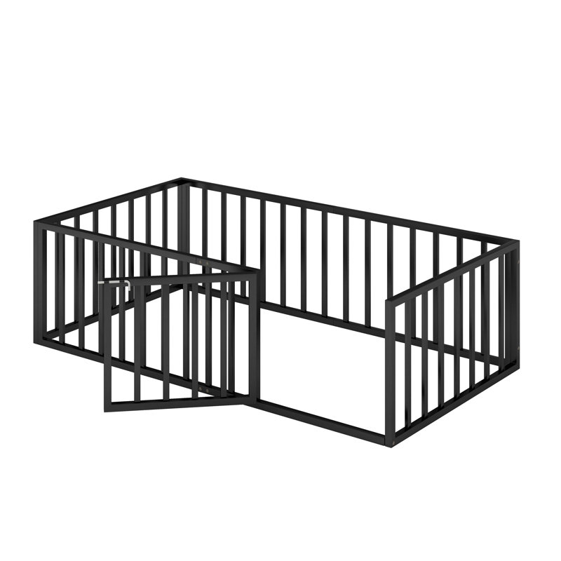 Metal Floor Bed Frame with Fence and Door, Black