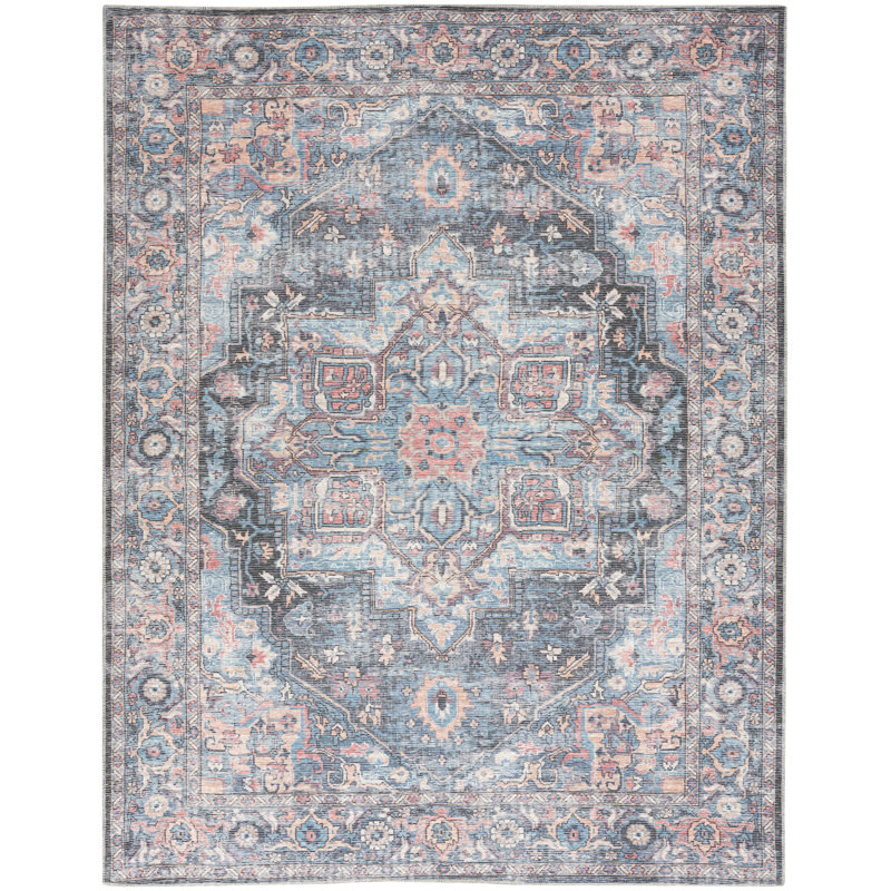 Tapis en polyester lavable à la machine Medallion en bleu clair / orange / gris, Rectangle 9 pi 2 po x 12 pi
