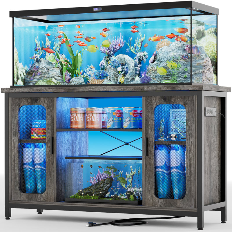 Support d'aquarium 55 à 75 gallons avec lumières DEL et armoire, Gris