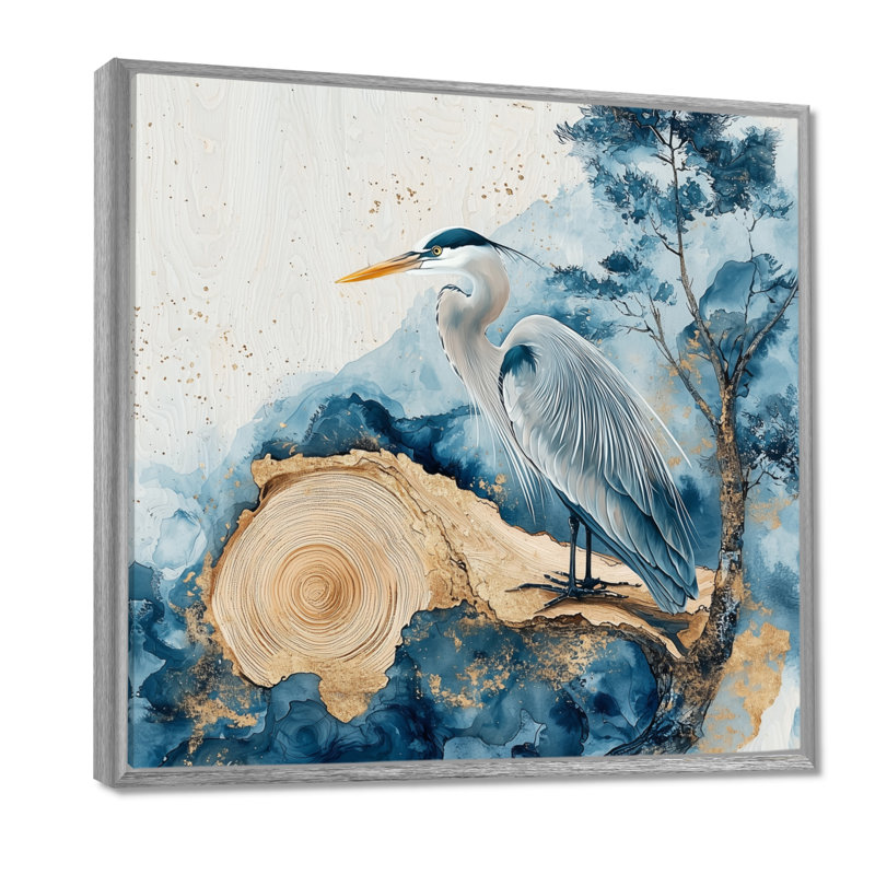 Auron héron dans l'encre de Chine dorée paysage II - héron, art mural, H 16 po x l 16 po, Impression encadrée flottante