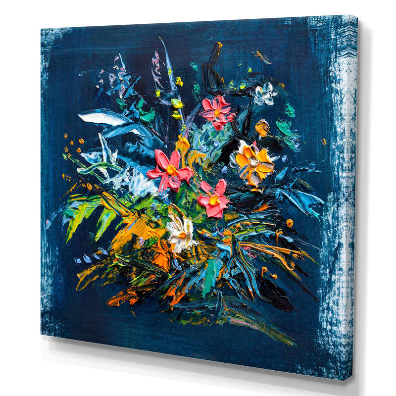 Bleu impressionniste et fleur verte - Peinture, H 16 po x l 16 po x P 1 po, Toile tendue