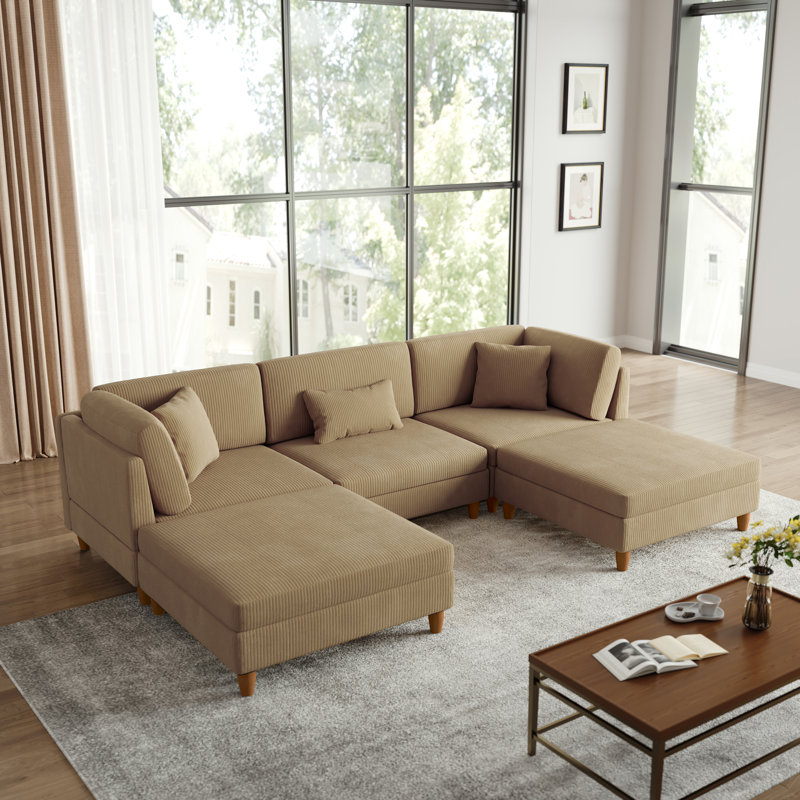 Seemab 5 - Piece Upholstered Camel Corduroy Modular Sectional with Pillow Back and Removable Ottoman, Camel