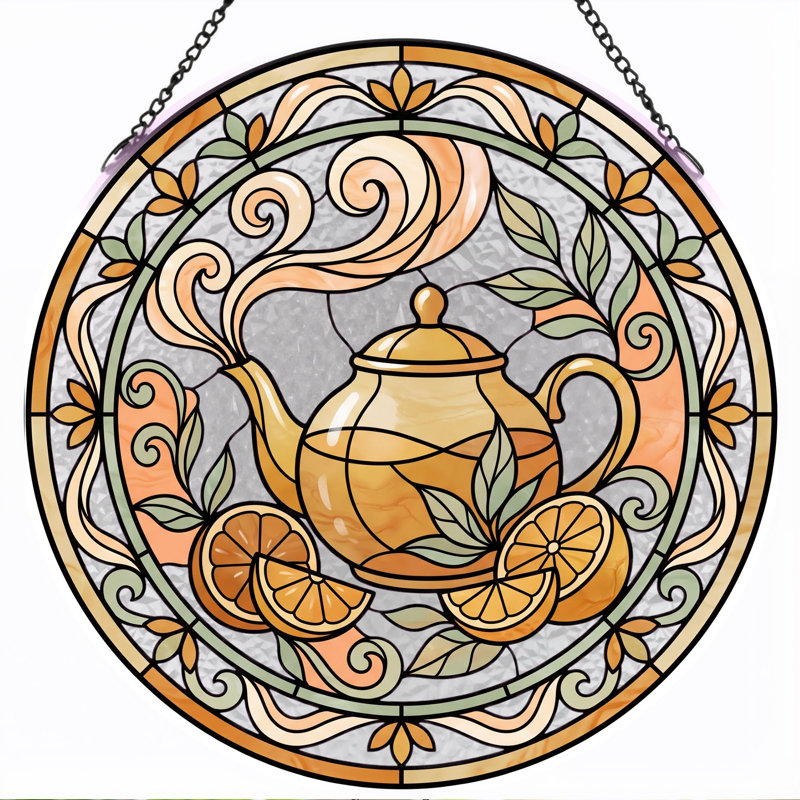 Panneau de vitrail en verre teinté avec théière, H 12 po, H 7,8 po
