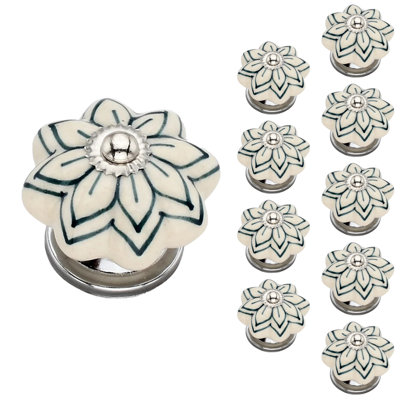 Green 1 4/7" Floral on White Cabinet Knob