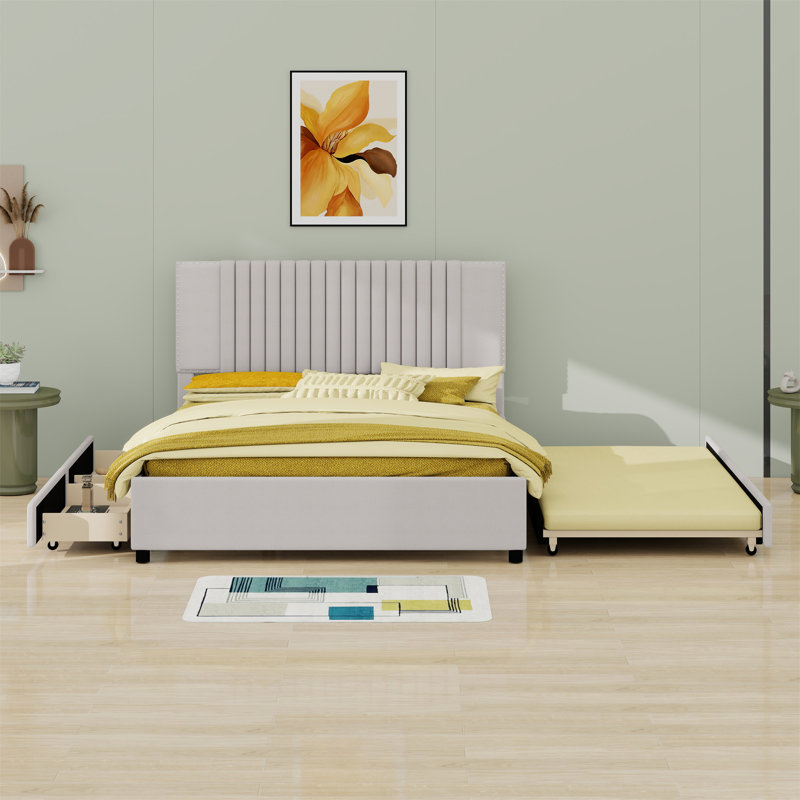 Lit plateforme tapissier avec 2 tiroirs et lit gigogne, tête de lit classique, Beige, Grand