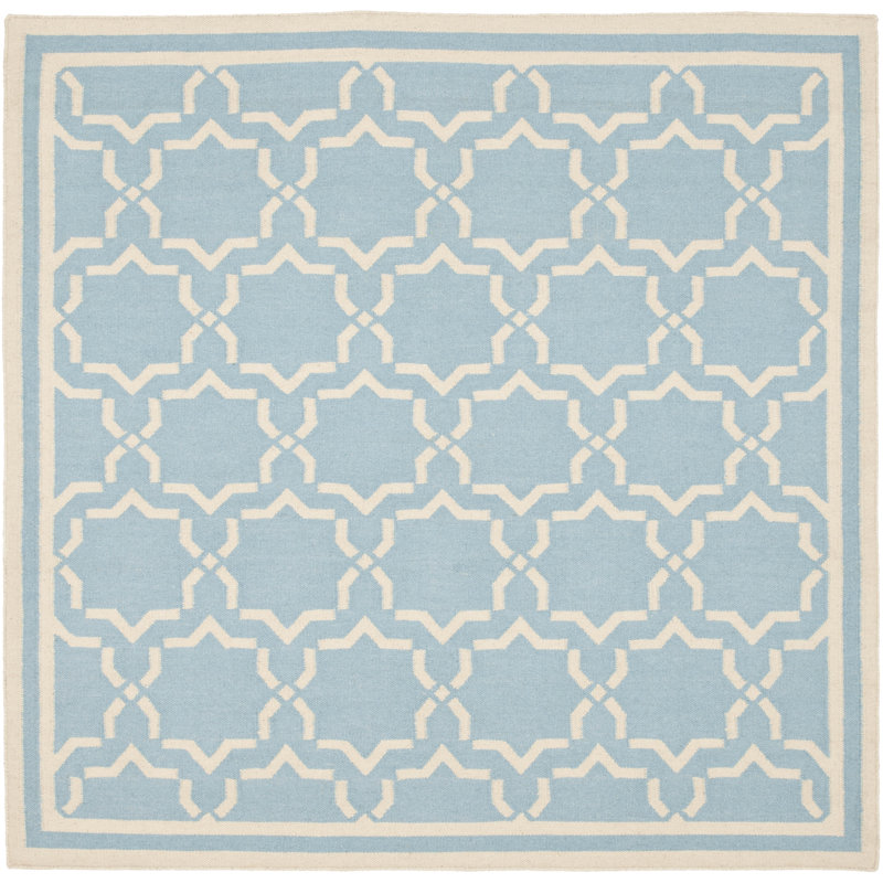 Rodgers Hand Woven Flat Weave Wool/Cotton Geometric Rug in Light Blue/Ivory, Square 6'
